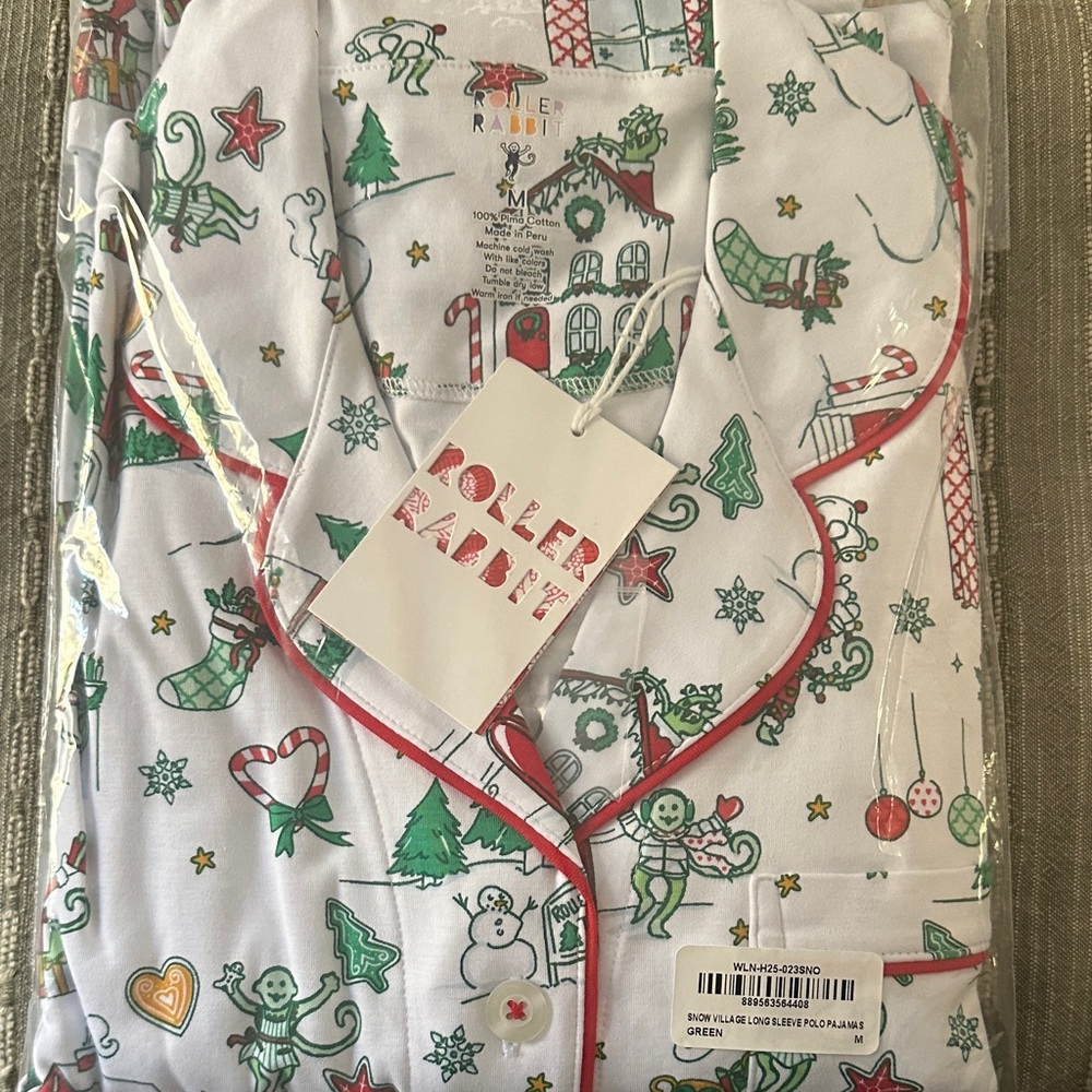 Roller Rabbit Festive Pajama Set - White and Green with Red Accents